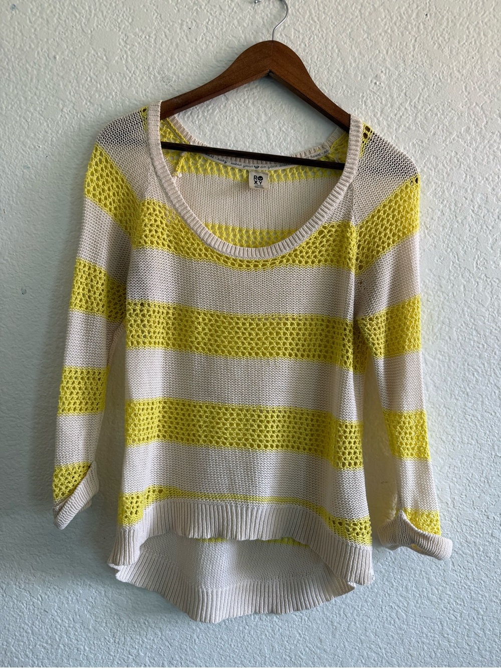 Roxy Yellow and Cream Striped Scoop Neck Sweater